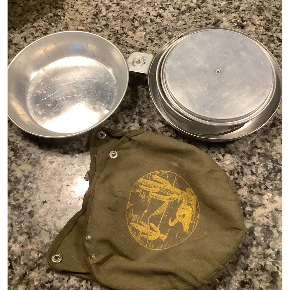 Vintage Camping Mess Kit Green Canvas Pouch Desert Cactus Skull Made In Japan